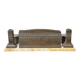 Fine Antique Bronze Double Inkwell on Marble Stone Art Nouveau Arts Crafts Desk For Sale