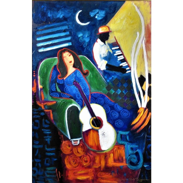 This Artwork "Woman with Guitar and Pianist" c.1990 is a color serigraph, with extensive acrylic paint on canvas. It is...
