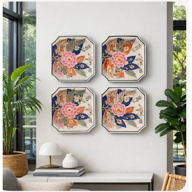 Asian Antique Asian Style Square Plates With Tobacco Leaf Inspired Design For Sale - Image 3 of 3