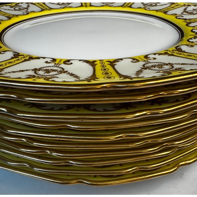 Antique Neoclassical Revival Royal Doulton Canary Yellow & Raised Gold Plates - Set of 10 For Sale - Image 9 of 10
