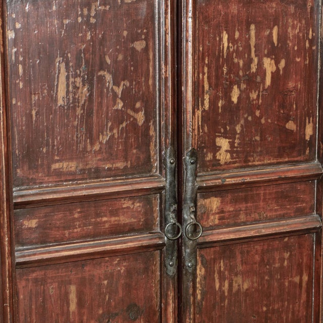 Wood Antique Chinese Red Lacquer 2 Door Cabinet For Sale - Image 7 of 10