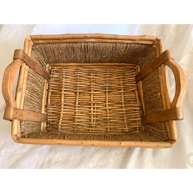 Vintage Hand Woven Baskets Rope Bamboo Side Wood Handle For Sale - Image 9 of 12