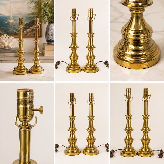 Hollywood Regency Vintage Hollywood Regency Stiffel Solid Brass Tall Table Lamps – a Pair For Sale - Image 3 of 4