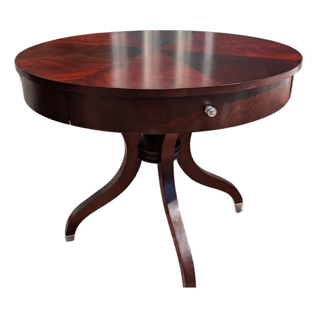 Vintage Ethan Allen Mahogany Round Pedestal Table With Drawer For Sale