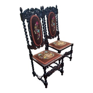 Vintage Pair of Jacobean Wooden Carved and Embroidered Chairs For Sale