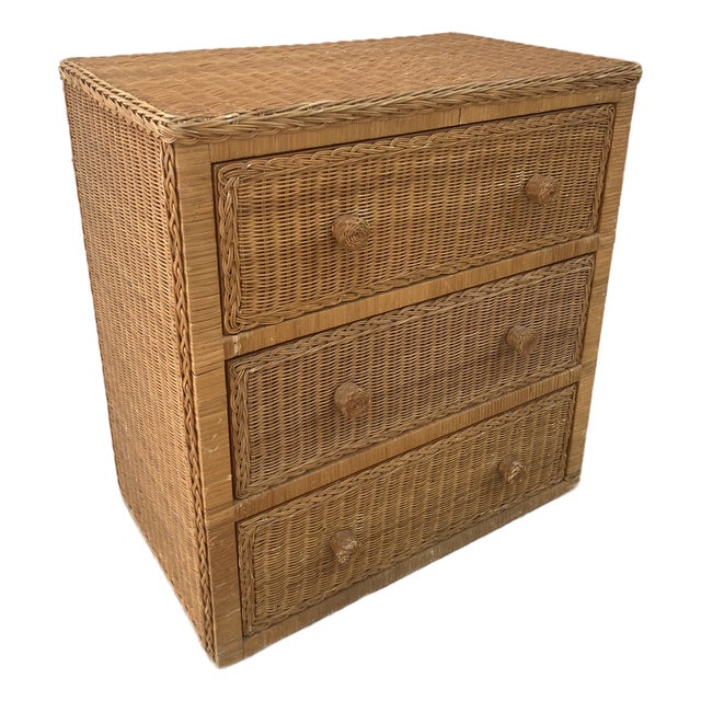 Boho Chic Rattan Wicker 3 Drawer Chest Dresser For Sale