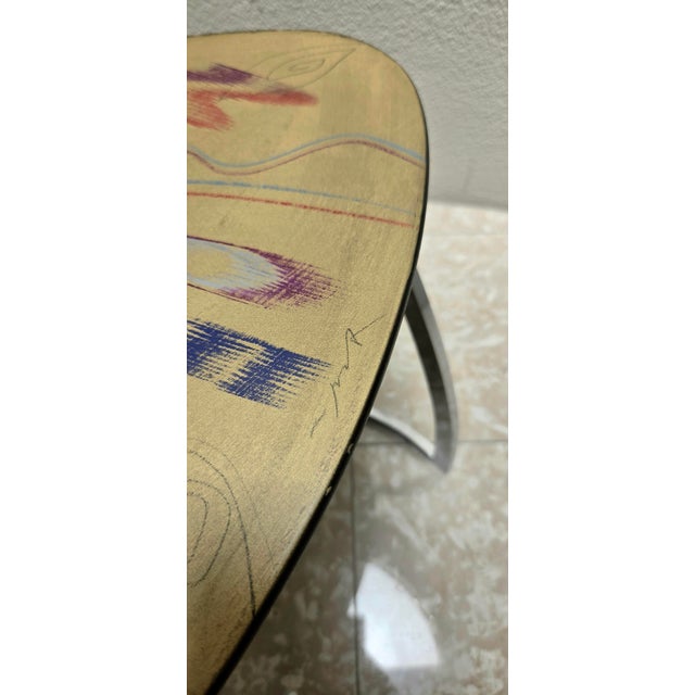 Carlo Malnati Post-Modern Italian Gold Abstract Print Side Table Oval 80s 90s For Sale - Image 4 of 15
