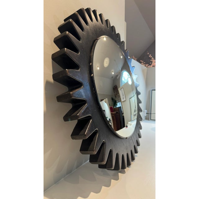Black Large Vintage Round BlackWood Gear Convex Mirror For Sale - Image 8 of 10