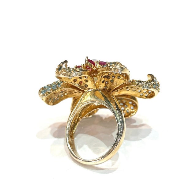 Bochic "Capri" Ruby, Fire Opal & Blue Topaz Flower Ring Set 18K Gold & Silver For Sale In New York - Image 6 of 12