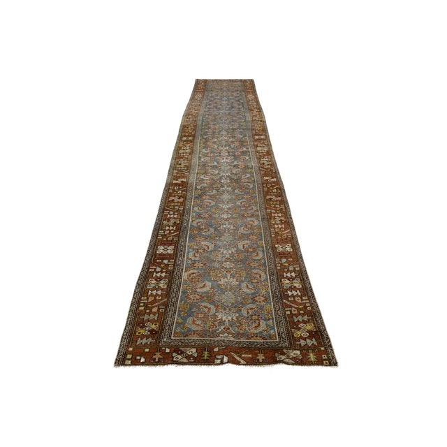 19th Century Antique Malayer Wool Runner Rug With Slate Blue Field & Rust Border For Sale - Image 4 of 10
