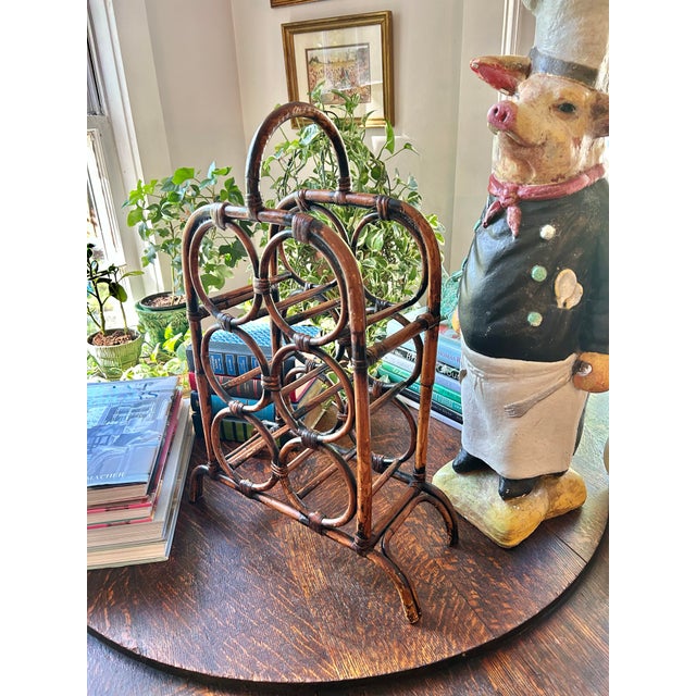 Mid 20th Century Vintage Boho Chic Scorched Tortoise Bamboo 6 Bottle Wine Holder For Sale - Image 5 of 11