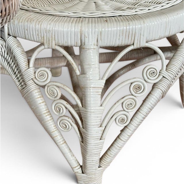 Vintage Boho Chic White Wicker Peacock Fan Back Chairs With Custom Cushions Pair For Sale - Image 12 of 16