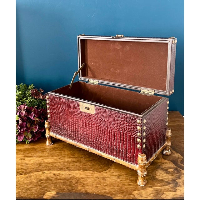 1970s Vintage Faux Crocodile Trunk Box, Brass Studded With Bamboo-Style Feet, 1970s For Sale - Image 5 of 17