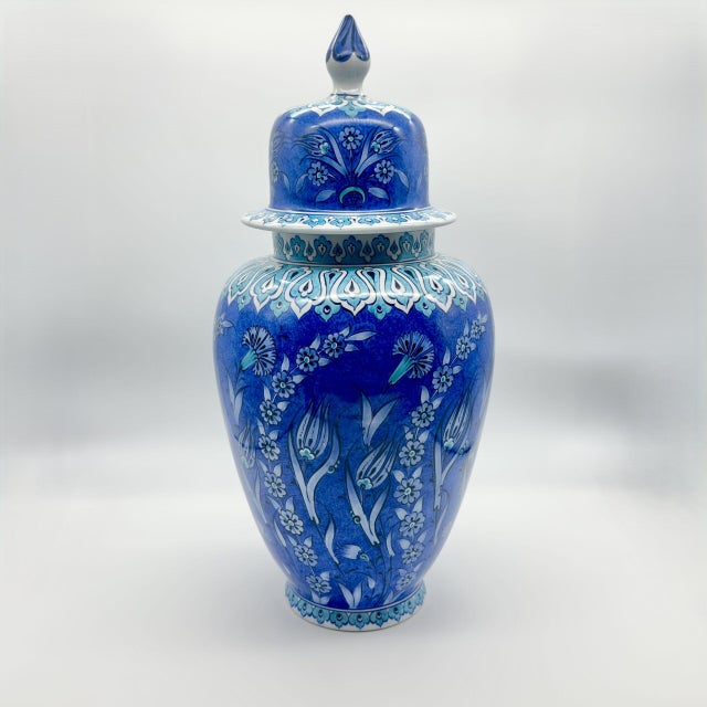 Ceramic Handmade Ceramic Shah Vase with Lid (30cm) Deep Blue Saz Style Floral Lidded Jar For Sale - Image 7 of 9