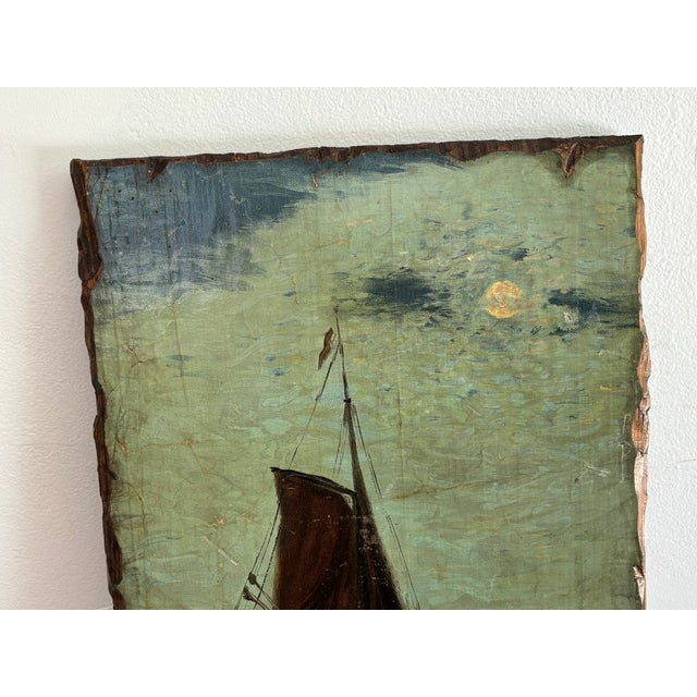 1970s 1970s Moody Nautical Sailboat Wood-Mounted Nocturne Print For Sale - Image 5 of 8