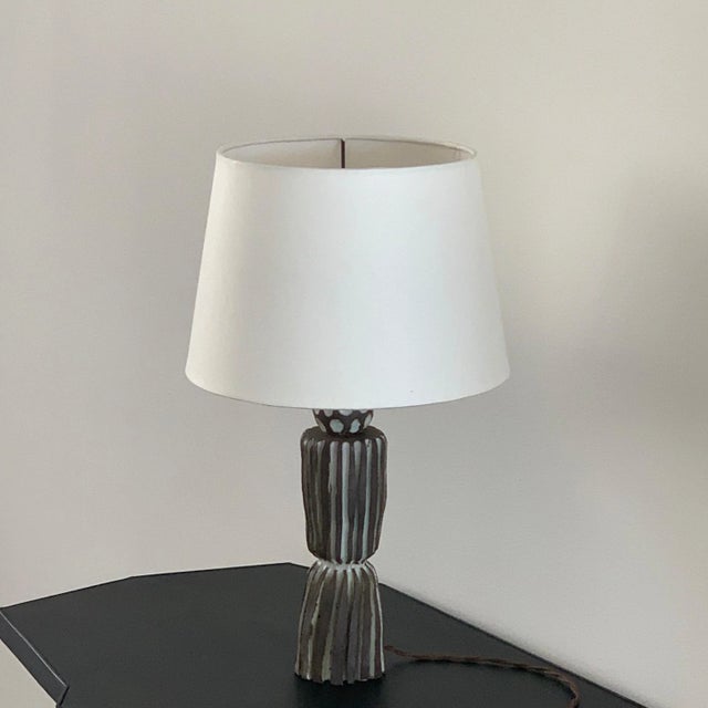 Early 21st Century Grooved 'Sillons' Pottery Lamp with Parchment Shade by Design Frères For Sale - Image 5 of 7