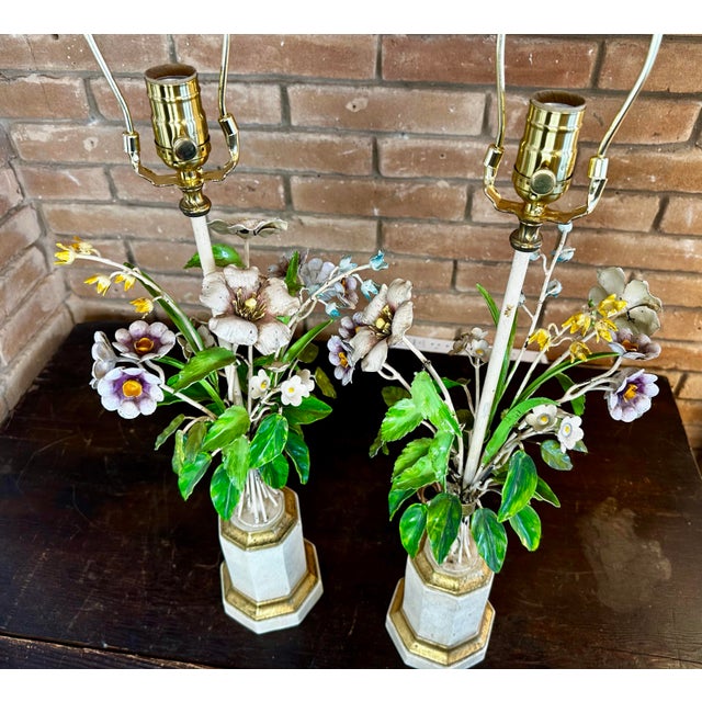 Pair of 1960s Italian Tole Floral Boutique Lamps For Sale - Image 12 of 12