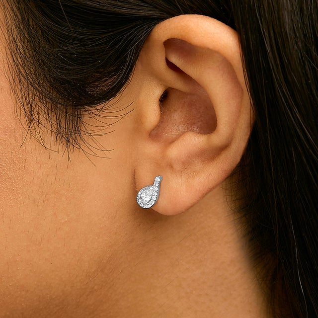 14K White Gold 5/8 Cttw Lab Grown Diamond Tear Drop Halo Stud Earring For Sale - Image 4 of 5
