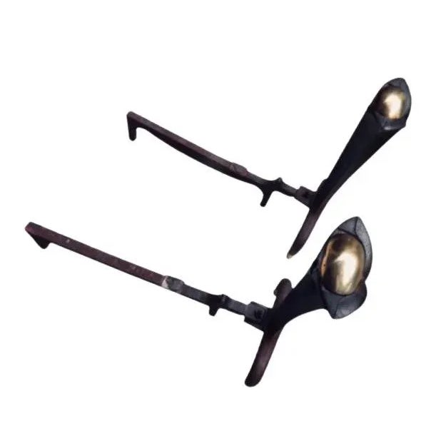 Metal Vintage 50s Mid Century Modern Art Deco Donald Deskey Wrought Iron & Brass Fireplace Andirons For Sale - Image 7 of 11