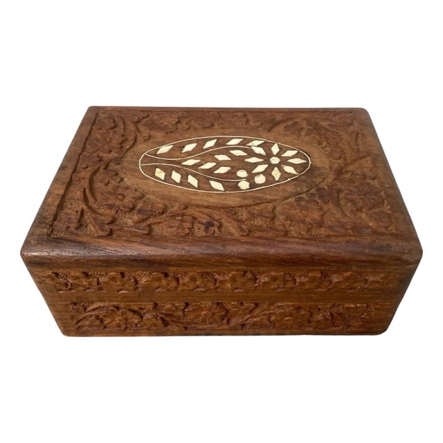 1990s Hand Carved Teakwood Jewelry Box Vintage Inlaid Wooden Trinket Storage Chest For Sale