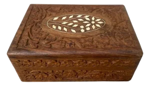 1990s Hand Carved Teakwood Jewelry Box Vintage Inlaid Wooden Trinket Storage Chest