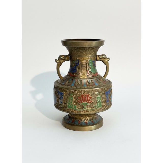 Vintage Asian Champlevé Enamel Brass Vase With Elephant-Head Handles For Sale - Image 4 of 9