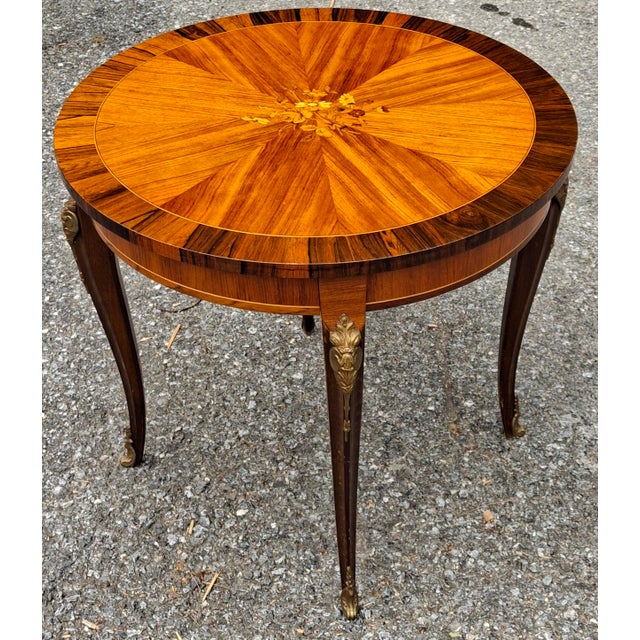 Wood Louis XV Style Gilt Floral Marquetry Tulipwood and Kingwood Gueridon Table For Sale - Image 7 of 10