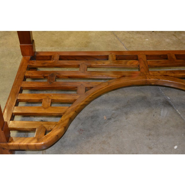 Vintage Elm Wood Chinese Asian Desk With 4 Drawers & Curved Lattice Lower Shelf / Accent For Sale - Image 6 of 12