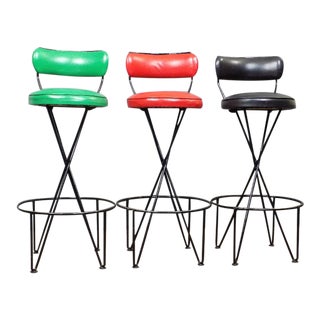 1960s Paul Tuttle Iron Hairpin Bar Stools With Back Rests - Set of 3 For Sale