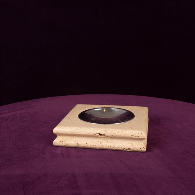 Italian Square Travertine Ashtray with Removable Metal Dish, 1970 For Sale - Image 10 of 16