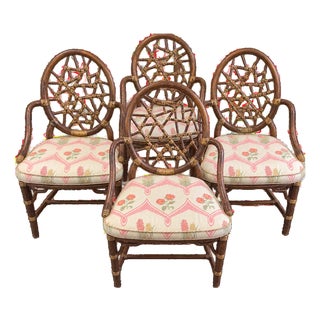 Set of 4 Vintage McGuire Bamboo & Rattan Cracked-Ice Dining Armchairs by Elinor McGuire For Sale