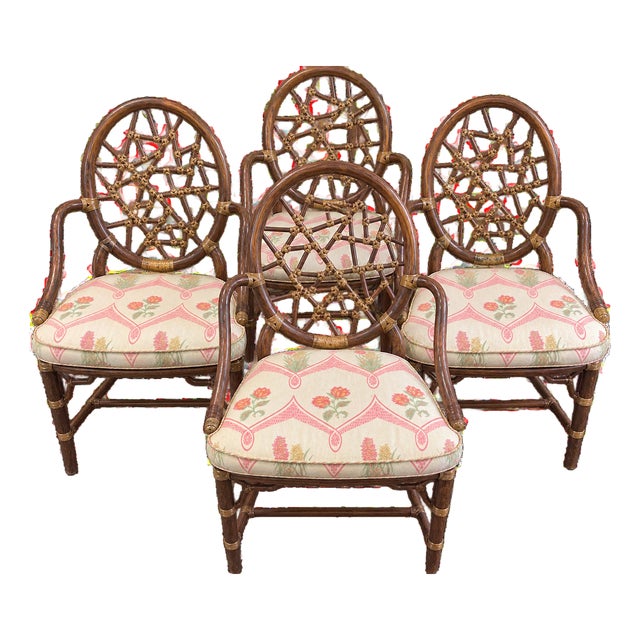 Set of 4 Vintage McGuire Bamboo & Rattan Cracked-Ice Dining Armchairs by Elinor McGuire For Sale