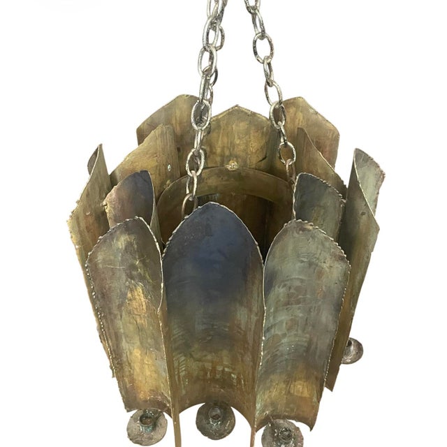 Brutalist Torch-Cut Patinated Brass Candle Lantern Chandelier Attributed to Tom Greene for Feldman Lighting c.1960s For Sale In San Francisco - Image 6 of 10