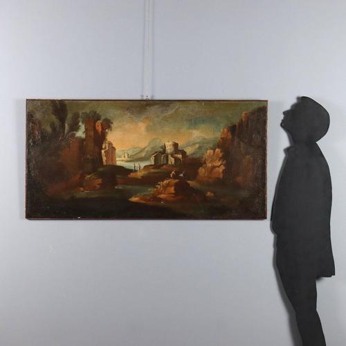 Oil on canvas. Venetian School, 18th century. Wide Nordic landscape, with mountain peaks in the background and a river...