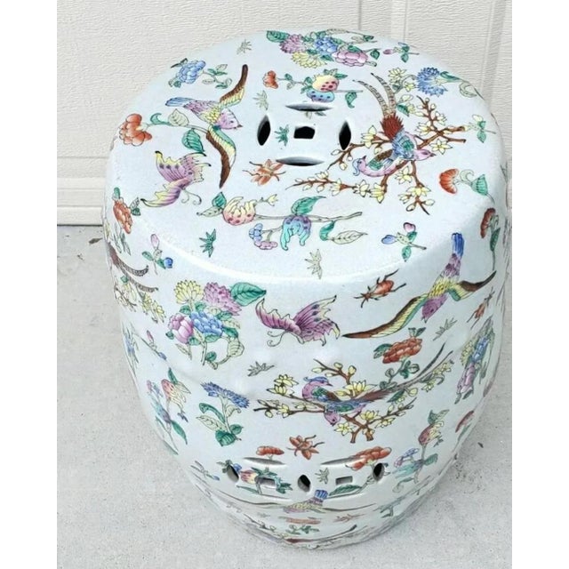 1940s Pair of 20th Century Chinoiserie Famille Rose Floral and Fauna Porcelain Barrel-Form Garden Stools/Seats For Sale - Image 5 of 12