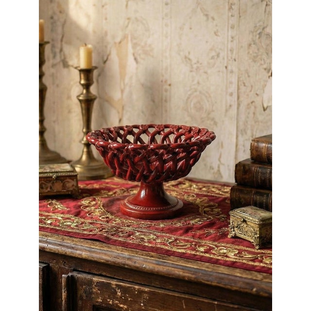 Beautiful small fruit or decorative bowl in openwork, woven ceramic, a vintage French craft piece from the 1970s-1990s,...