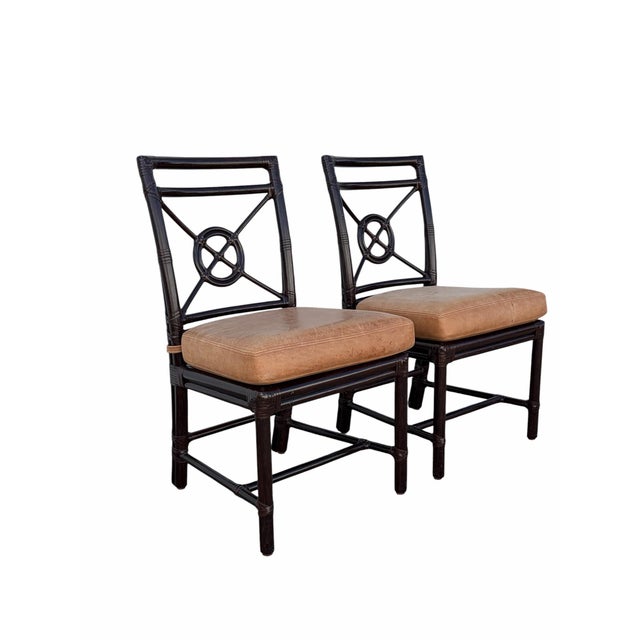 Set of 2 McGuire Rattan Target Back Dining Chairs with Premium Tan Pigmented Leather Cushions. Also available in sets of...