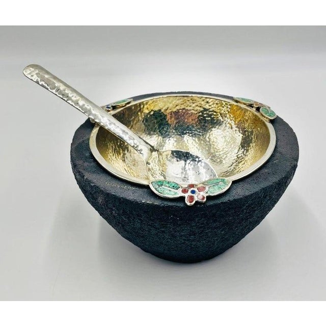1980s Emilia Castillo Silver Bowl With Volcanic Rock Base & Spoon, Mexican Modernism For Sale - Image 9 of 18