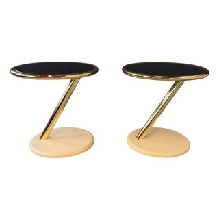 Vintage Pair of Casprini Italian Postmodern Side Tables in Brass, Grey Glass and Lacquer For Sale