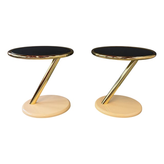 Vintage Pair of Casprini Italian Postmodern Side Tables in Brass, Grey Glass and Lacquer For Sale