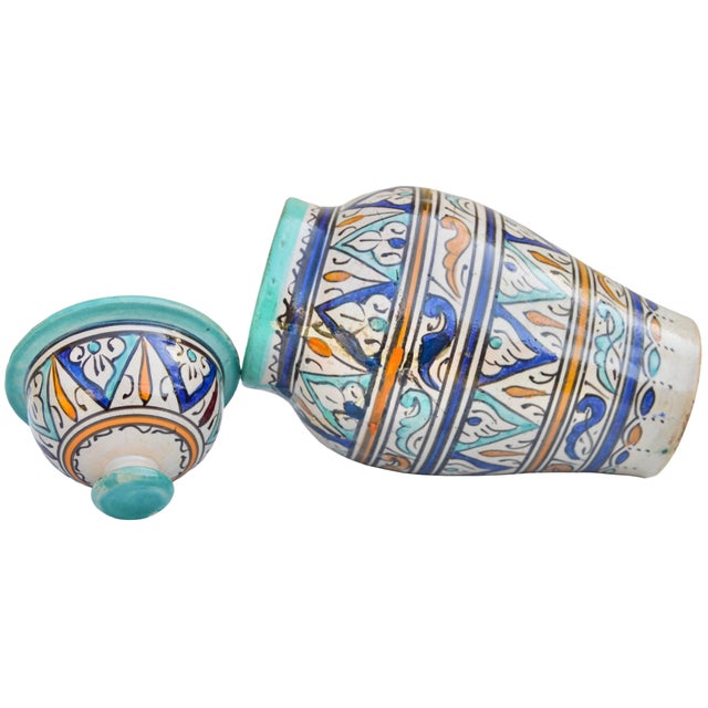 Early 20th Century Handmade Colorful Moroccan Ceramic-Art Lidded Vase For Sale - Image 11 of 12