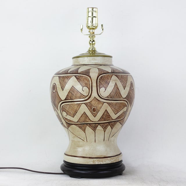 Vintage Tribal Pattern Ceramic Ginger Jar Table Lamps - a Pair For Sale - Image 9 of 13