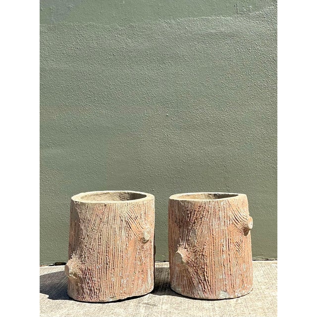 Rustic European Vintage Faux Bois Concrete Planters For Sale - Image 3 of 12