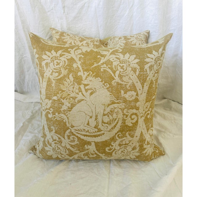 Textile Pair of Rustic European Linen Decor Pillows Gryphon Print For Sale - Image 7 of 7