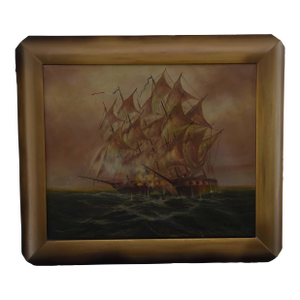 1950s Naval Engagement at Dusk Oil on Canvas, Framed