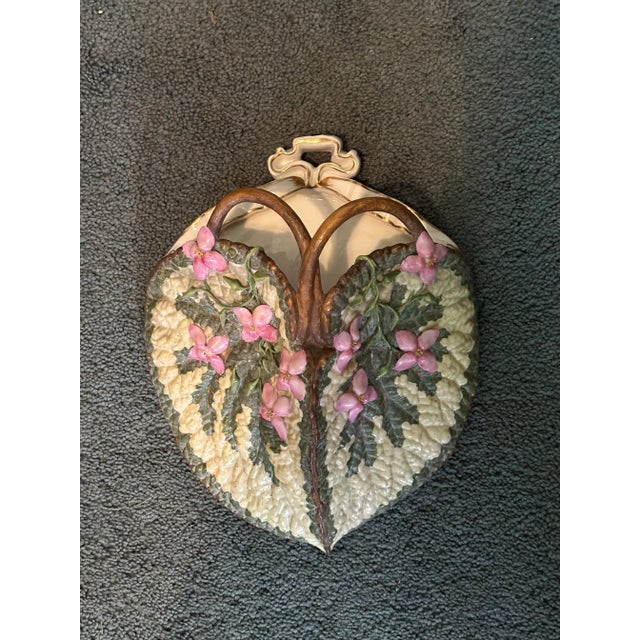 Green 19th Century Majolica Leaf Wall Pocket – Pink Blossoms & Branch Handles – Relief Molded Continental Pottery, George Jones Style For Sale - Image 8 of 16