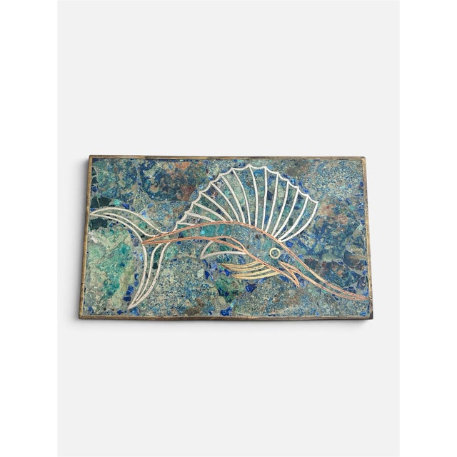 Los Castillo Midcentury Mexican Style Mixed Metal & Stone Mosaic Sailfish Box For Sale - Image 4 of 10