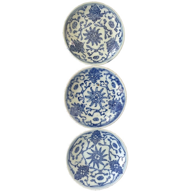 A charming set of three antique Chinese blue and white porcelain plates dating to the Daoguang period (1821–1850) of the...