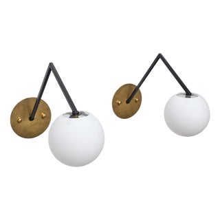 Mid-Century Modern Italian Wall Sconces with Opaline Glass Globes, 1950s, Set of 2 For Sale