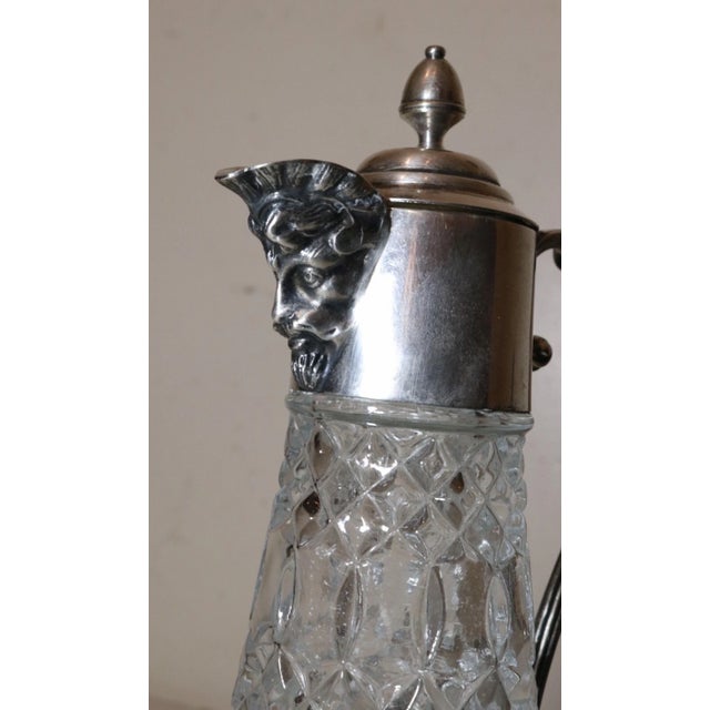 English 1930s Share Antique Ornate Figural English Silver Plated Pressed Glass Wine Claret Decanter For Sale - Image 3 of 11